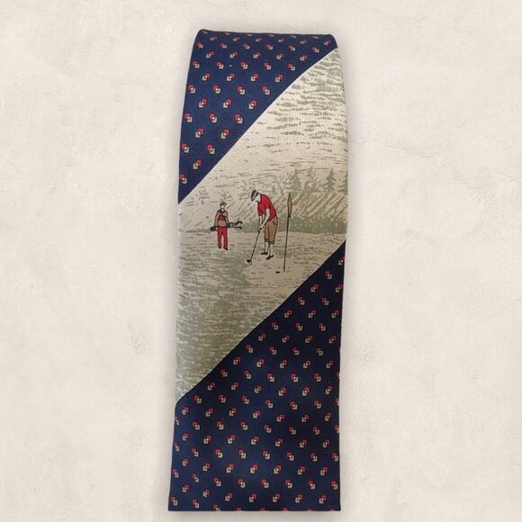 Cacharel Golfing Silk Tie Blue & Beige 100% Two Men Golfing - Picture 1 of 5